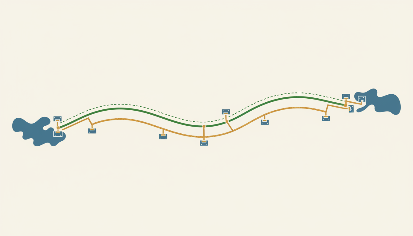 Conceptual diagram showing the Antonine Wall and a separate Military Way behind it, linking Roman forts; not a surveyed alignment or to scale.