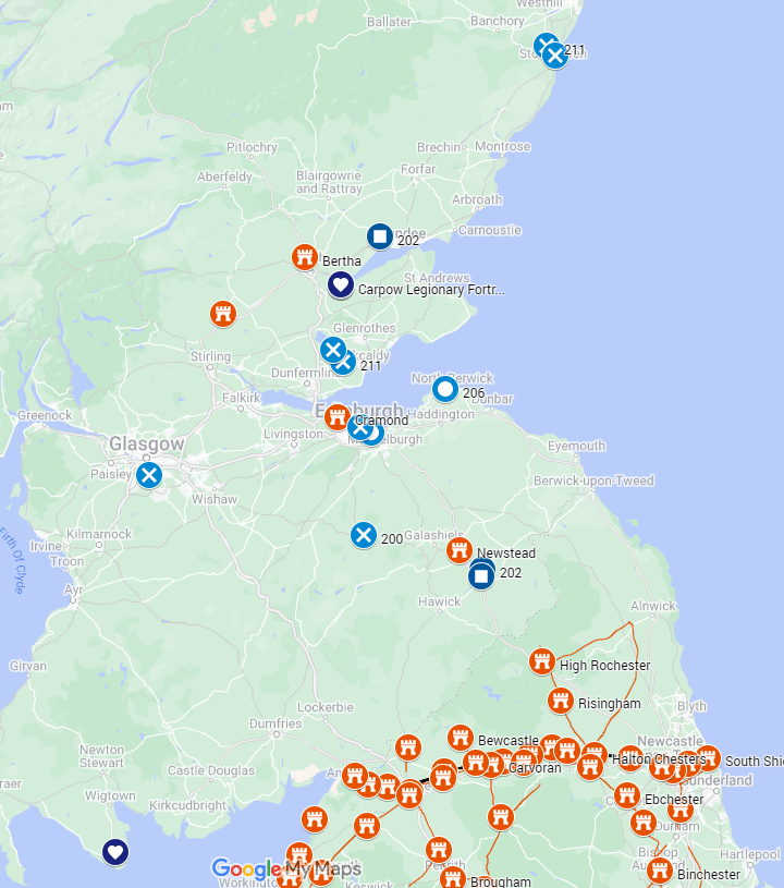 Map showing Roman forts and coin finds in Scotland