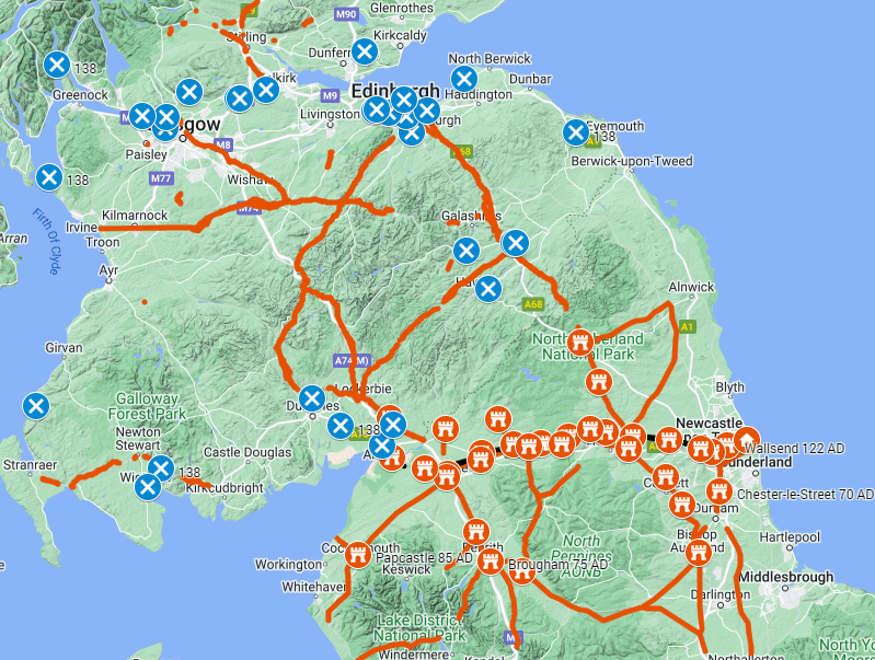 Hadrian's wall and coinage from the time found in Scotland. Click the map for the interactive version.