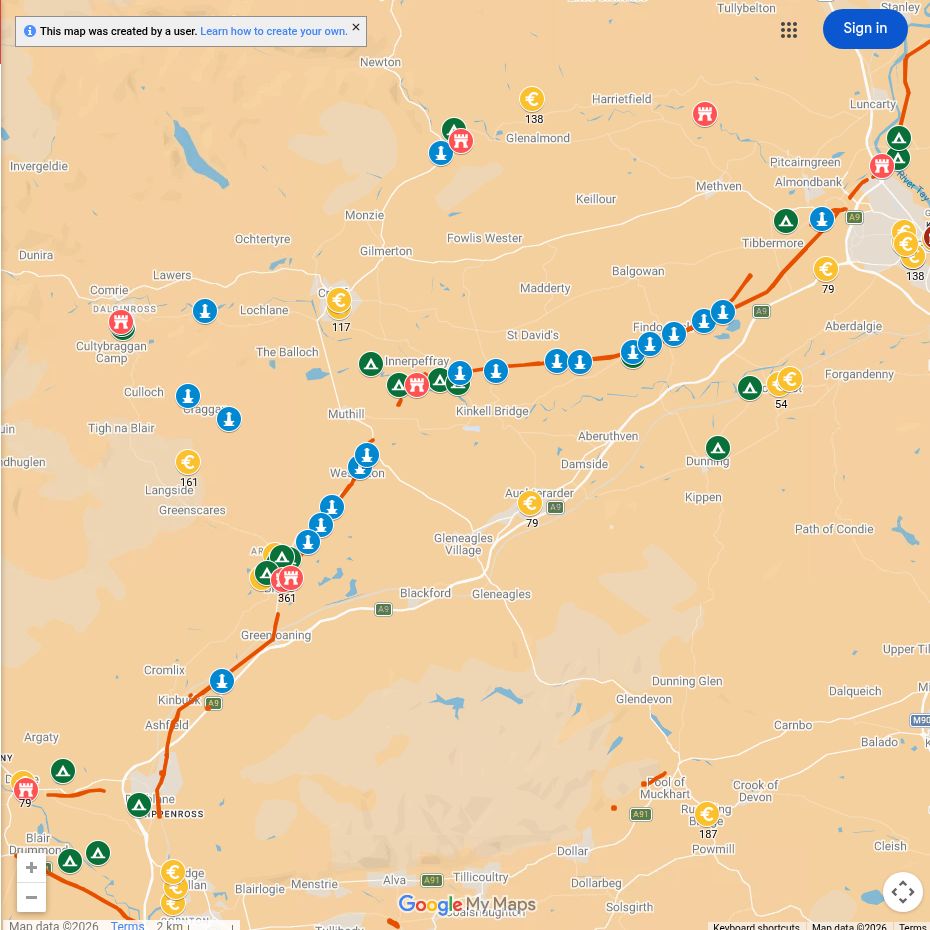 Map of Roman sites around Crieff and Auchterarder