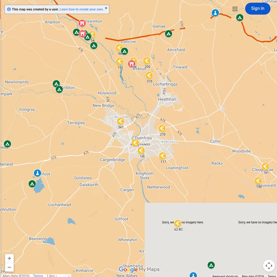 Map of Roman sites around Dumfries