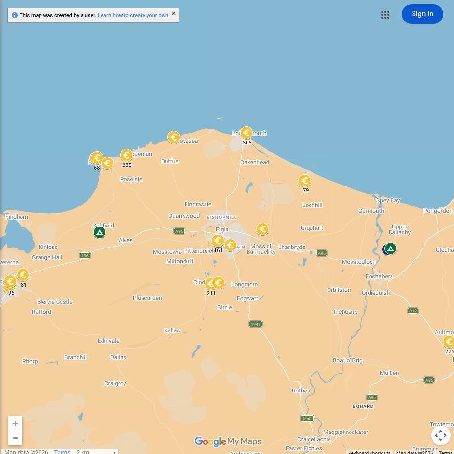 Map of Roman sites around Elgin and Moray
