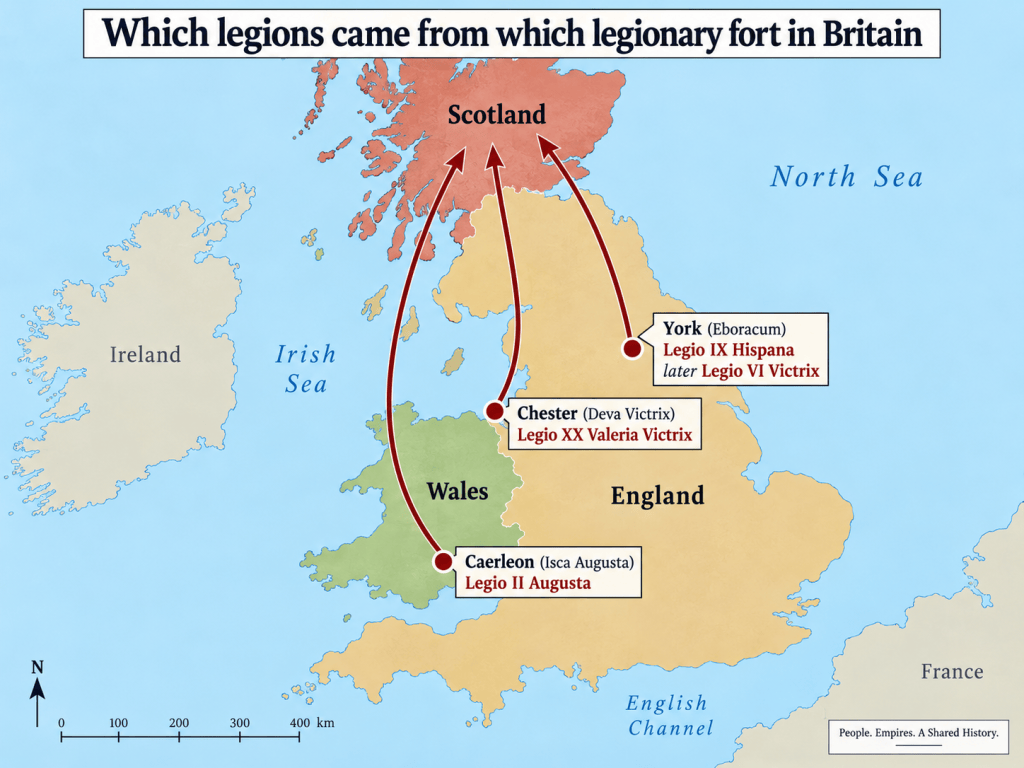 Map showing the legionary bases at York, Chester and Caerleon and the Roman legions stationed at each during the occupation of Britain.
