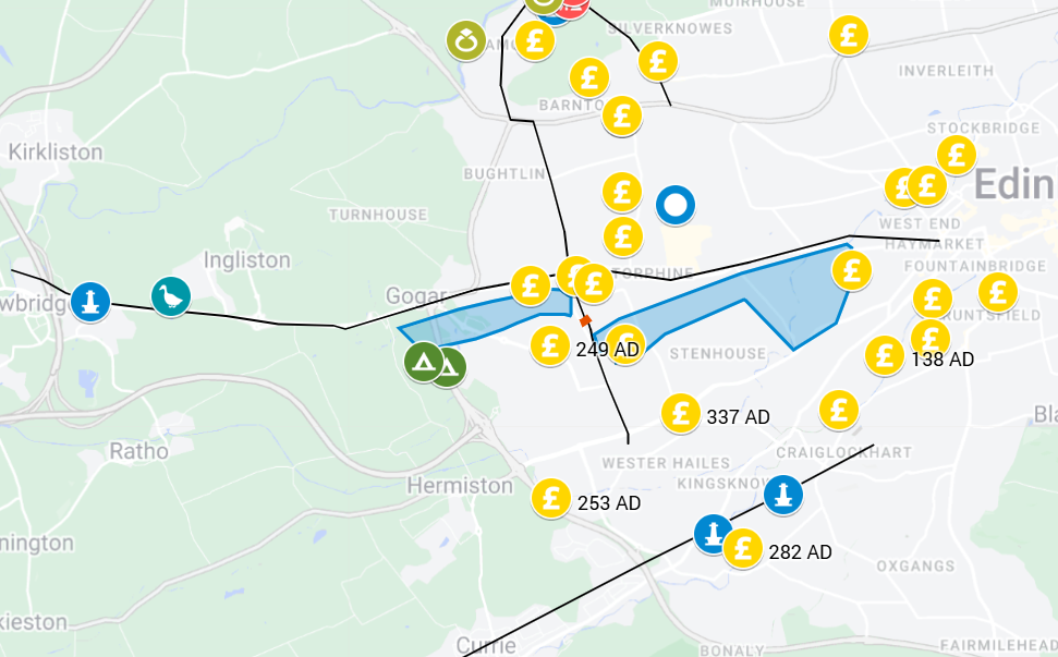Map of recorded Roman sites and finds around Corstorphine