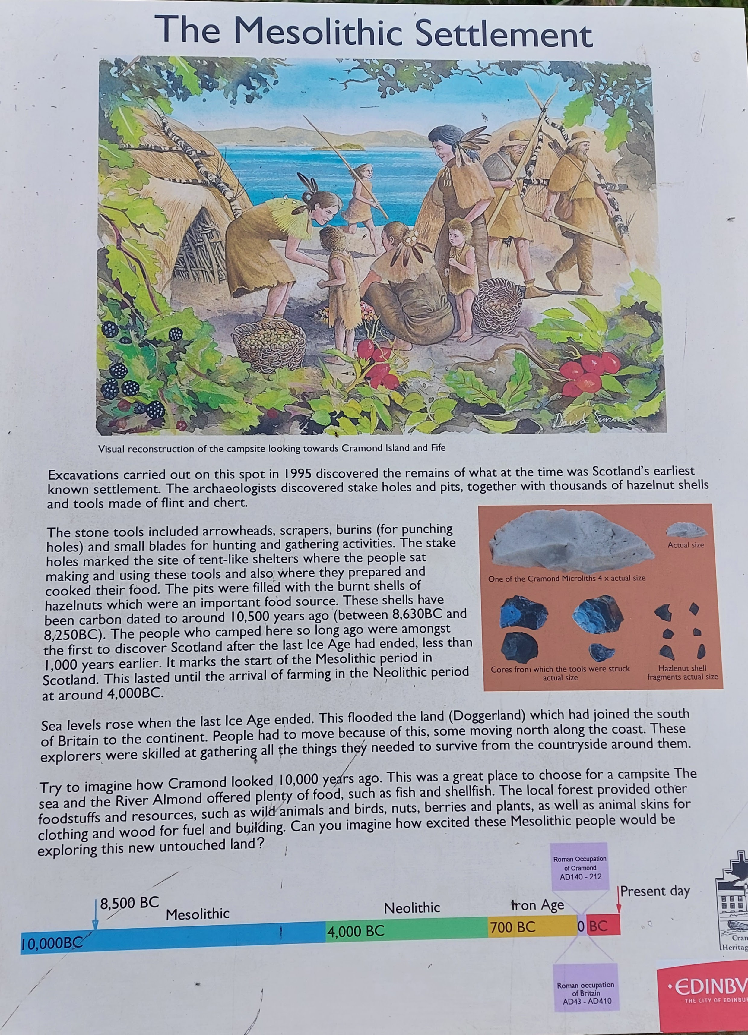 Interpretation panel about the prehistoric settlement at Cramond