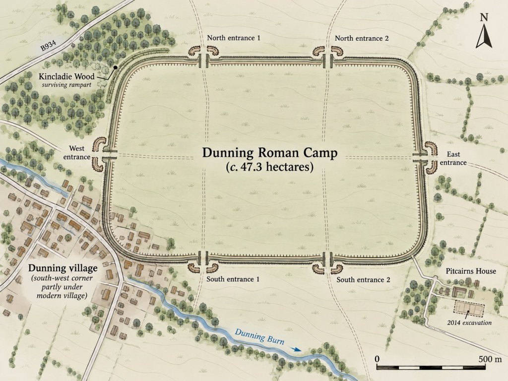 Illustrated schematic of Dunning Roman Camp in Perthshire with six entrances, Kincladie Wood, Dunning village and Pitcairns House.