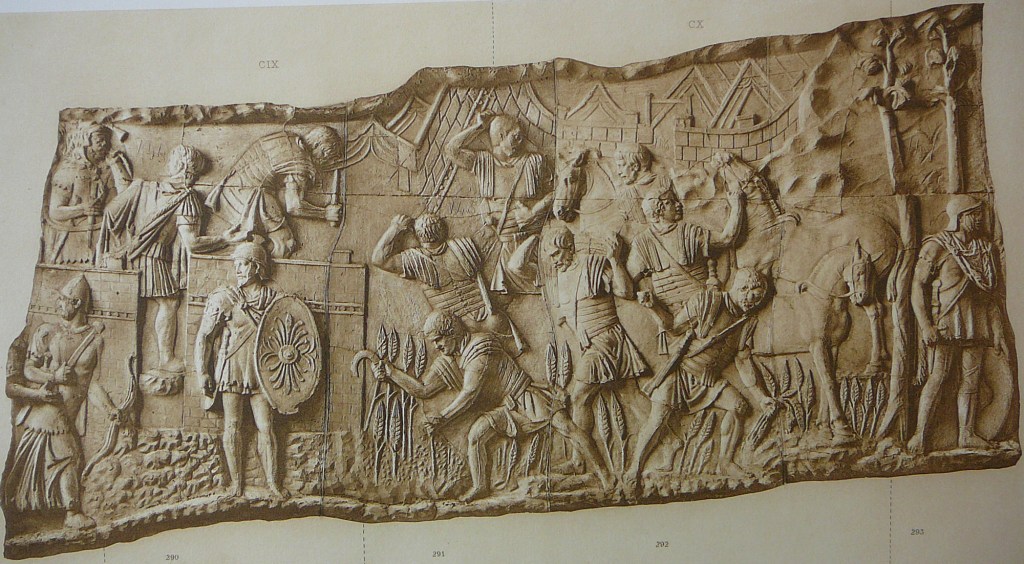 Historic relief on Trajan’s Column showing legionaries harvesting grain outside a Roman camp.